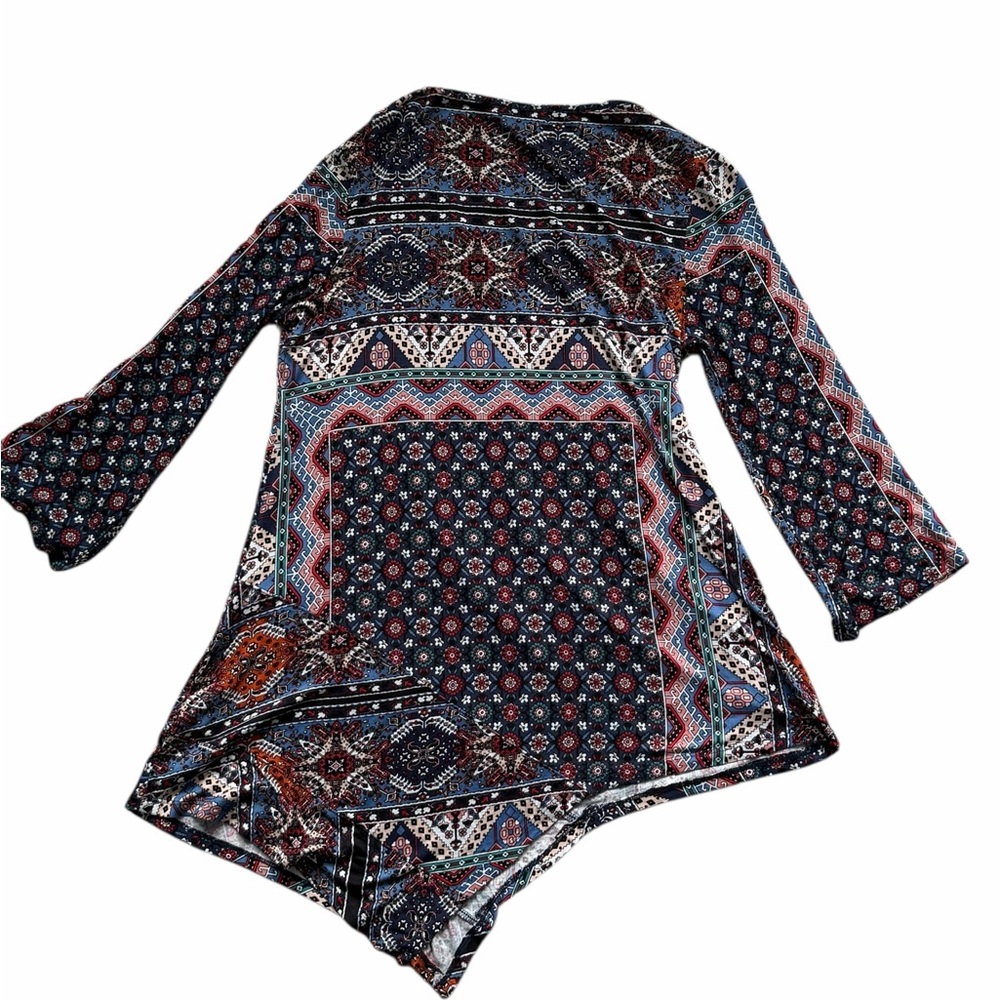 ONE WORLD Blue and Rust Patterned Crisscross Tunic Top - Picture 4 of 11